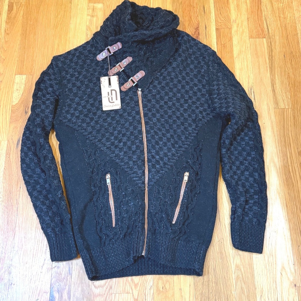Leif Nelson Mens 3XL Full Zip Buckle Cowl Neck Knit Cardigan Sweater Black Grey